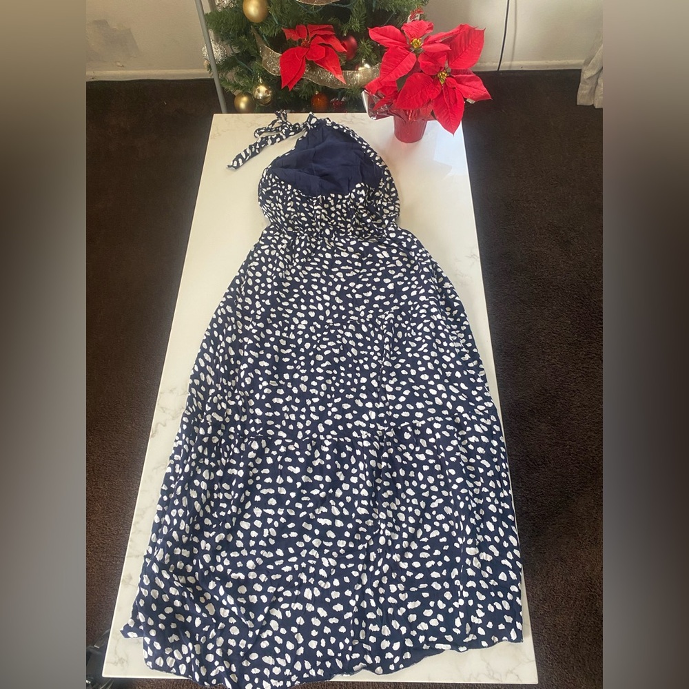 Chic Navy and White Polka Dot Halter Dress - Picture 4 of 4